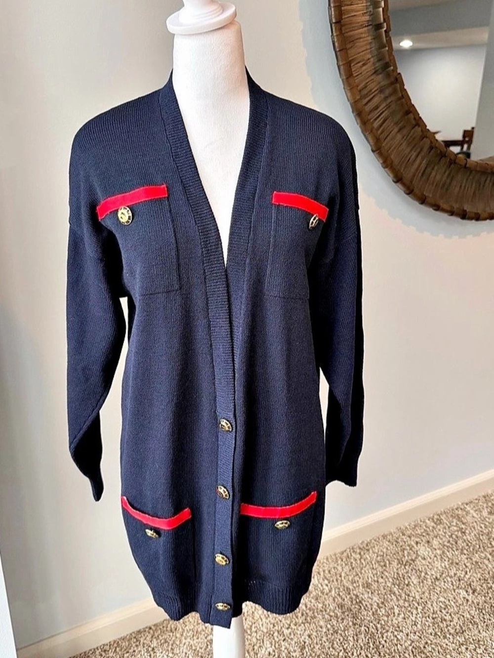 Vintage St. John by Marie Gray Navy Blue Long Cardigan Sweater Red Trim Petite